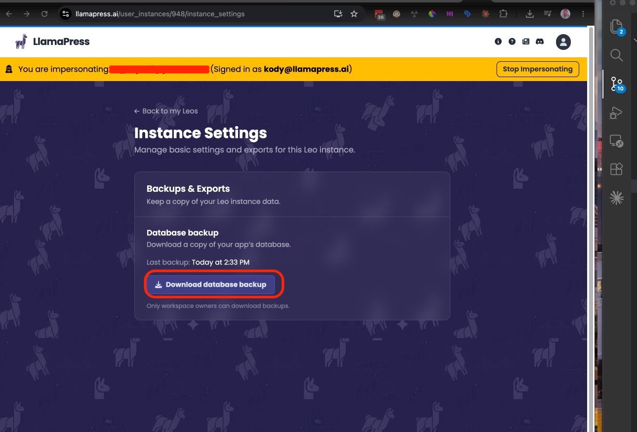 Screenshot showing the Download database backup button on the Instance Settings page