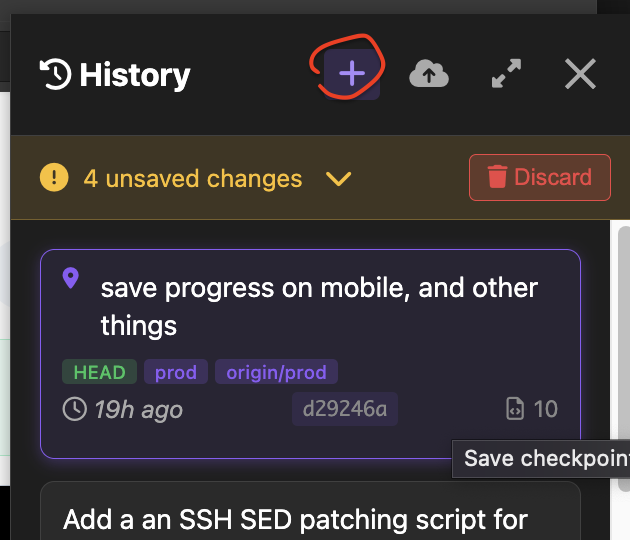 Click purple plus to commit