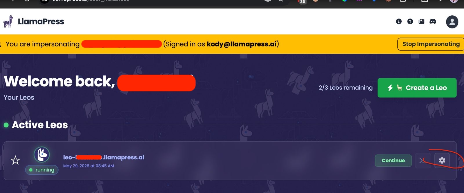 Screenshot showing the gear icon on a Leo app card