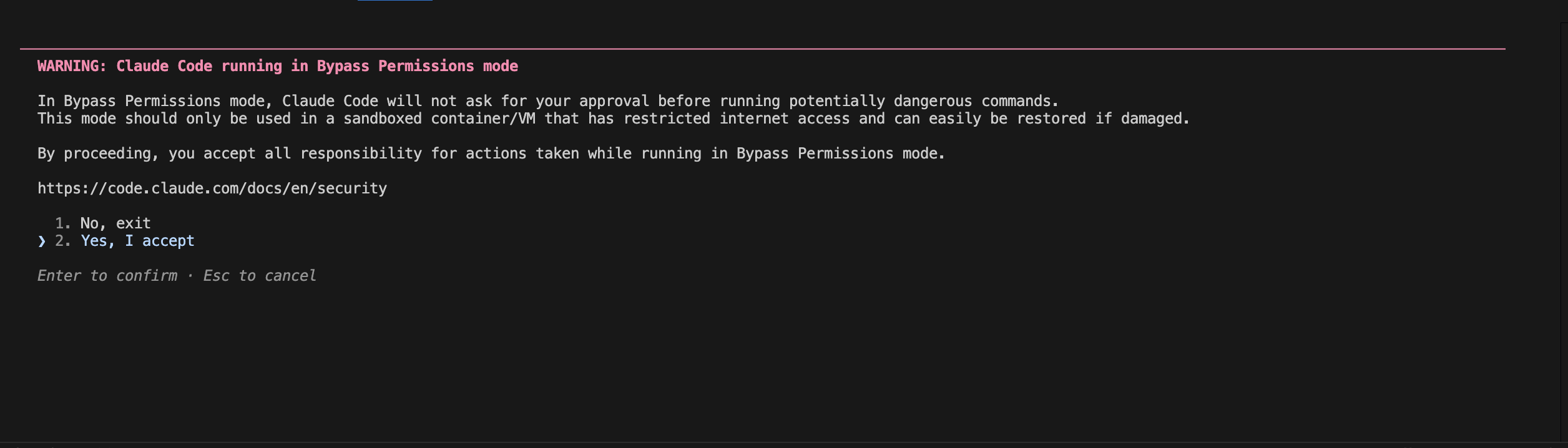 The Bypass Permissions mode warning, with Yes I accept selected