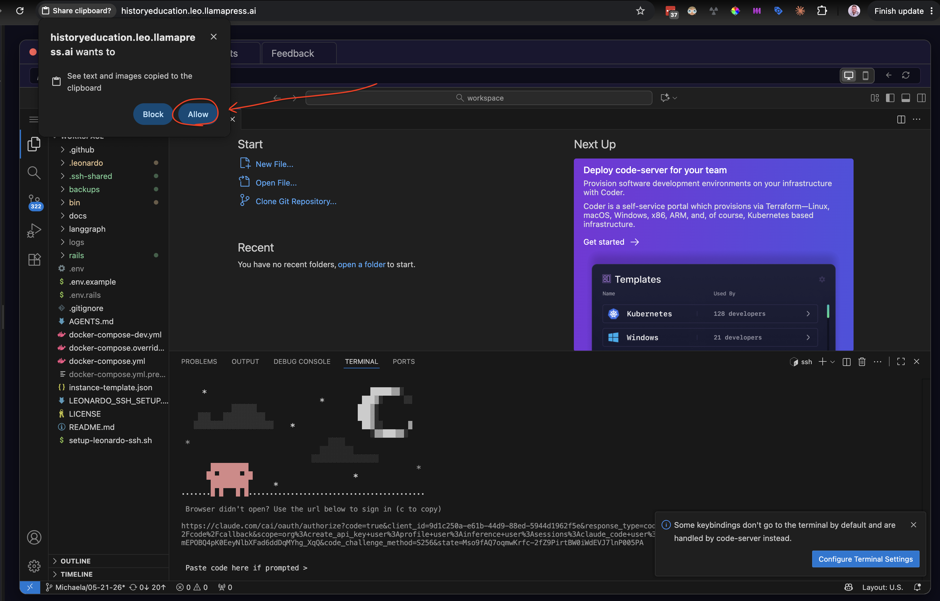 Browser permission popup asking to see text and images copied to the clipboard, with Allow circled