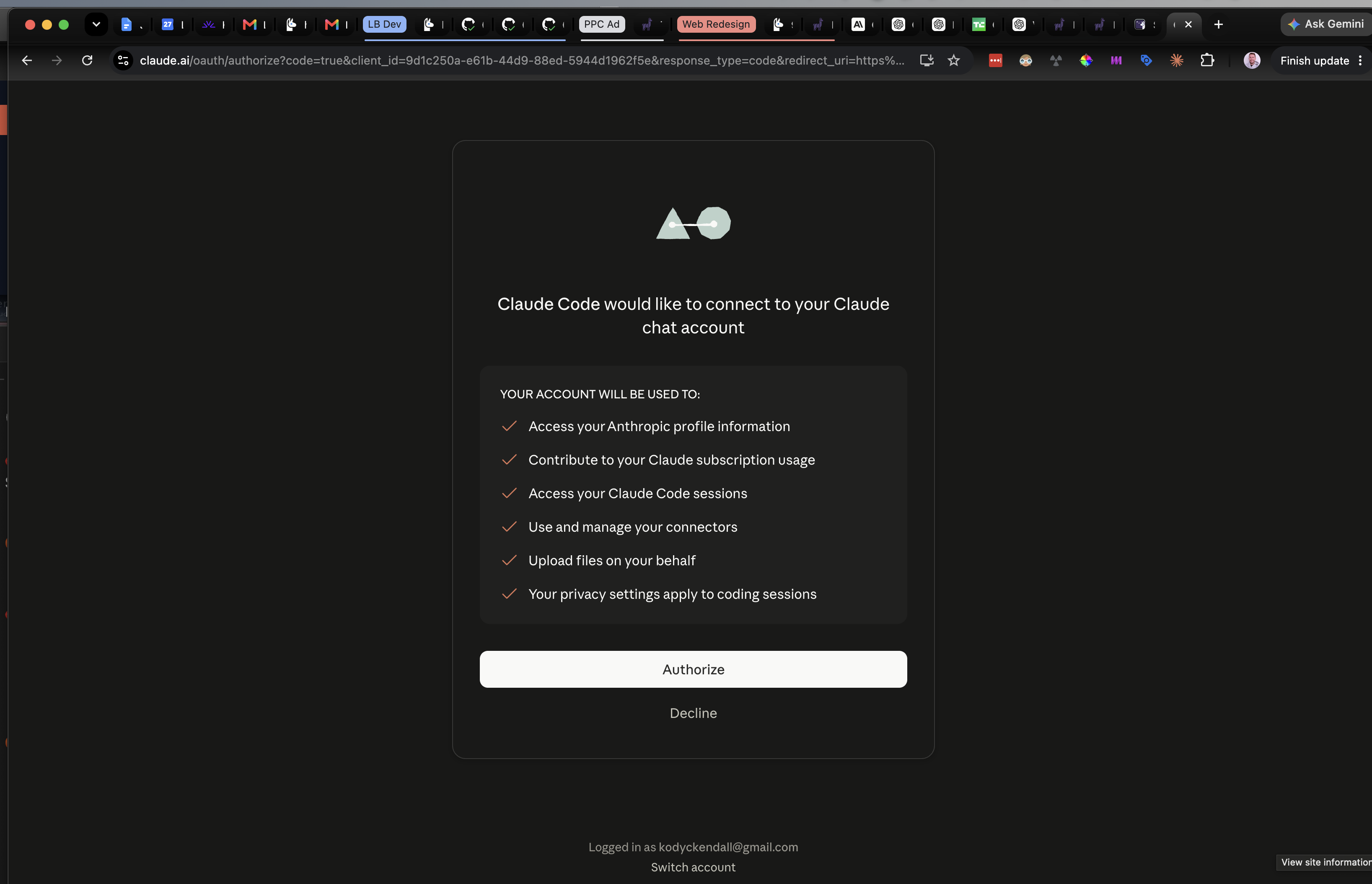 The Anthropic authorization page with the Authorize button