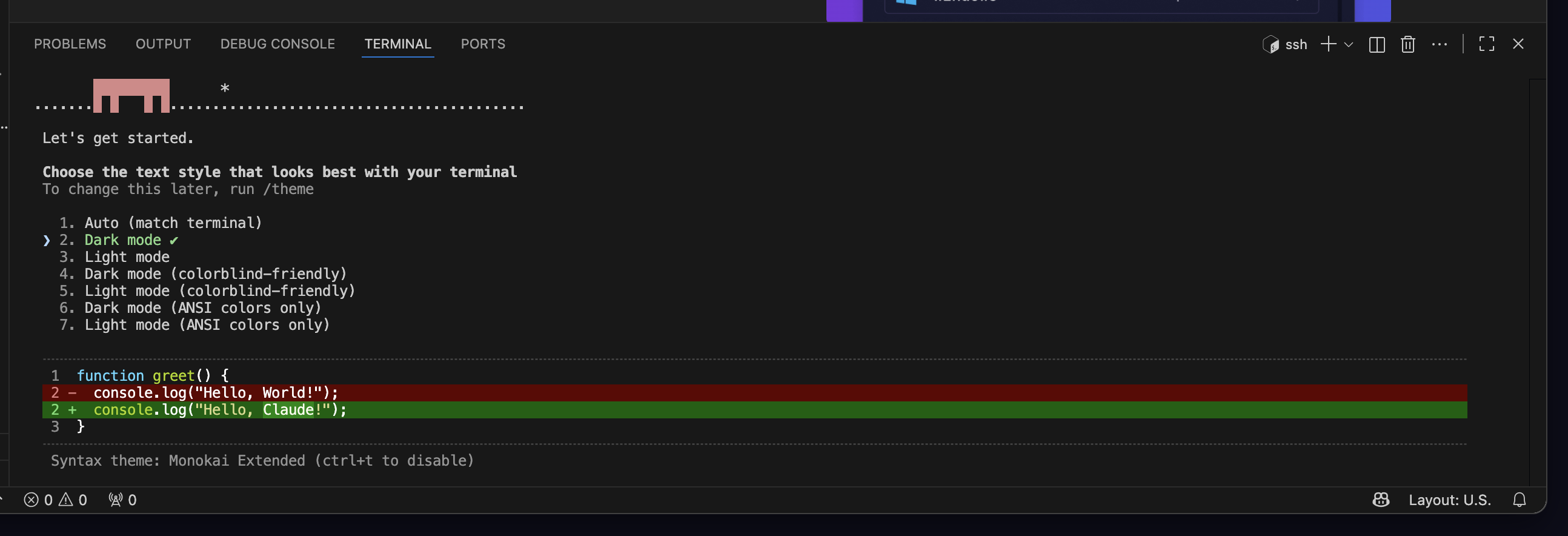 Claude Code asking you to choose a terminal text style, with Dark mode selected