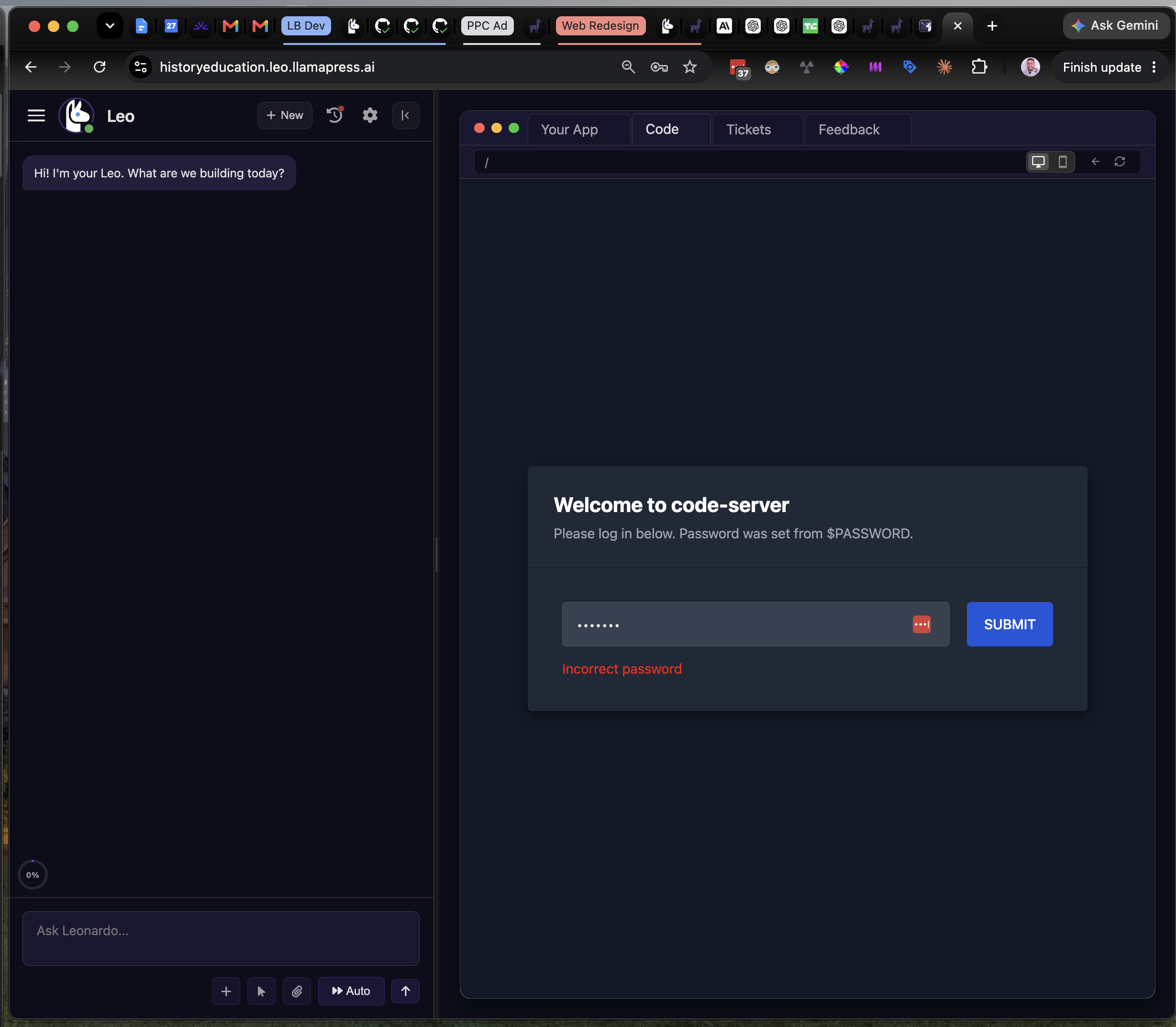 The code-server login screen inside the Code tab