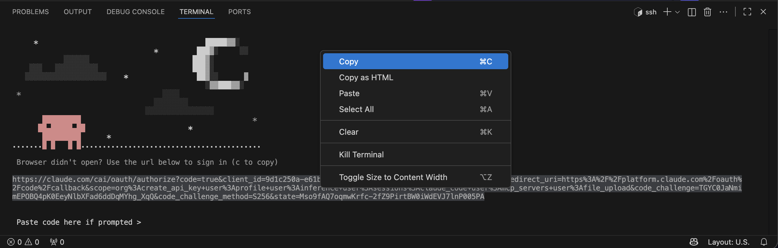 Highlighting the sign-in URL in the terminal and choosing Copy from the right-click menu