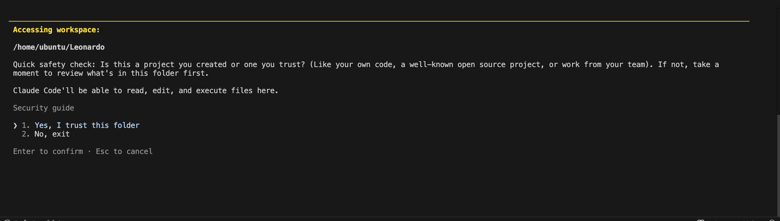 Claude Code asking whether you trust the /home/ubuntu/Leonardo folder