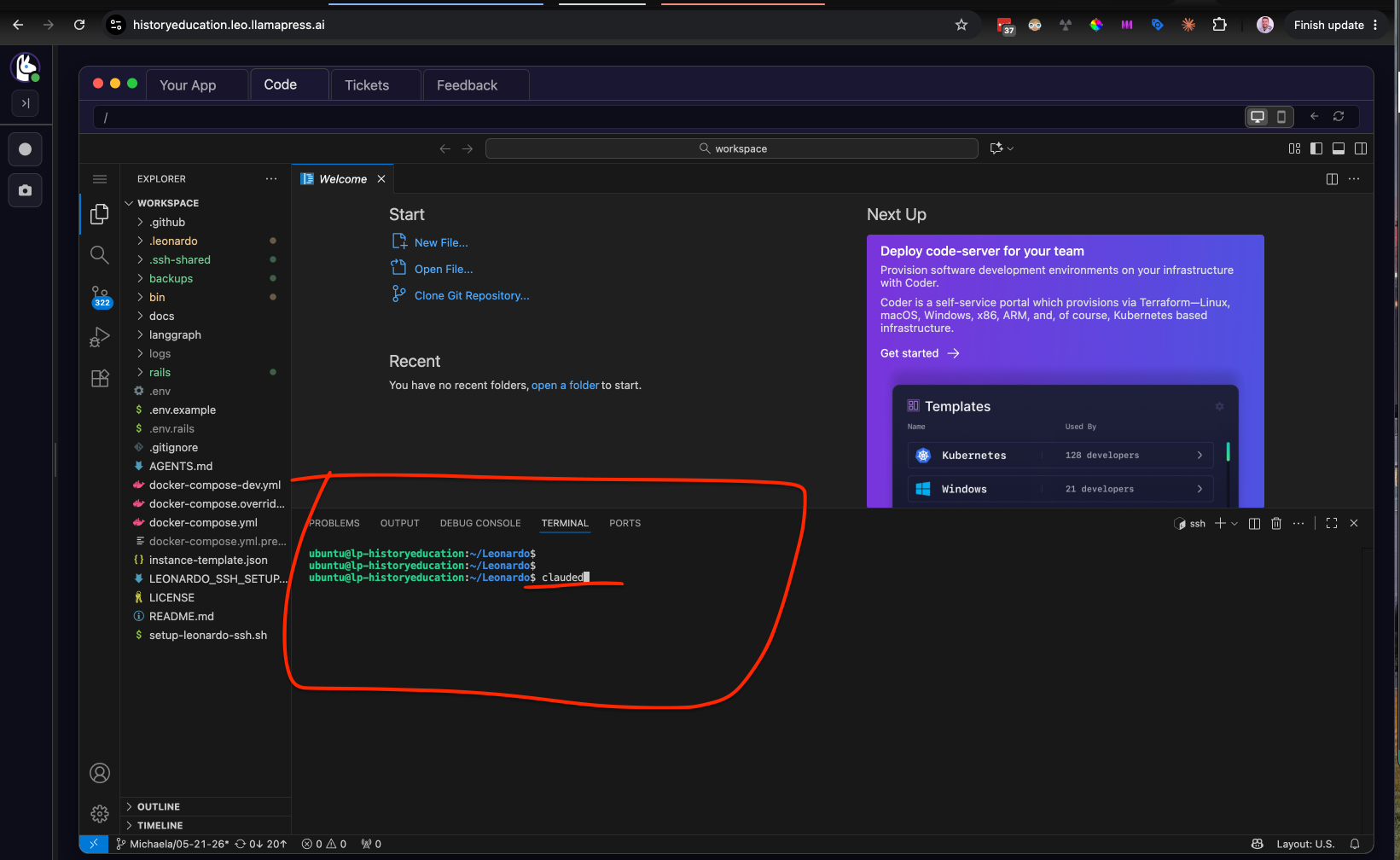 Typing clauded into the terminal panel at the bottom of the editor