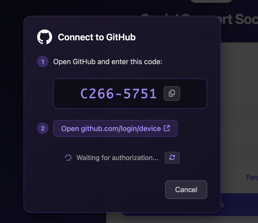 GitHub sign-in modal