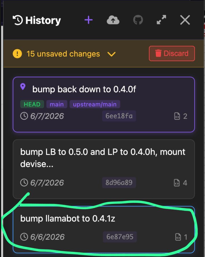 Click any checkpoint card in the History panel to see its details